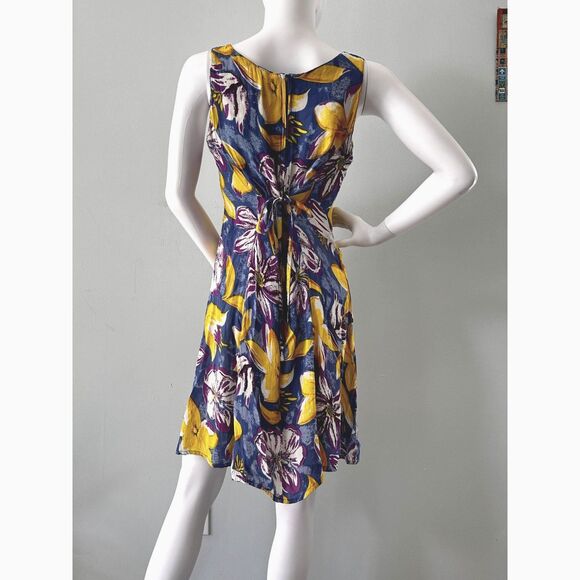 Vintage Y2K Floral Sleeveless Dress Blue Yellow Purple A-Line Tropical Print S - Picture 2 of 7